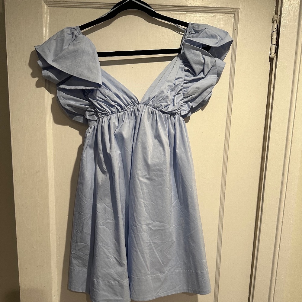 Light Blue Short Pluffy Sleeve Dress